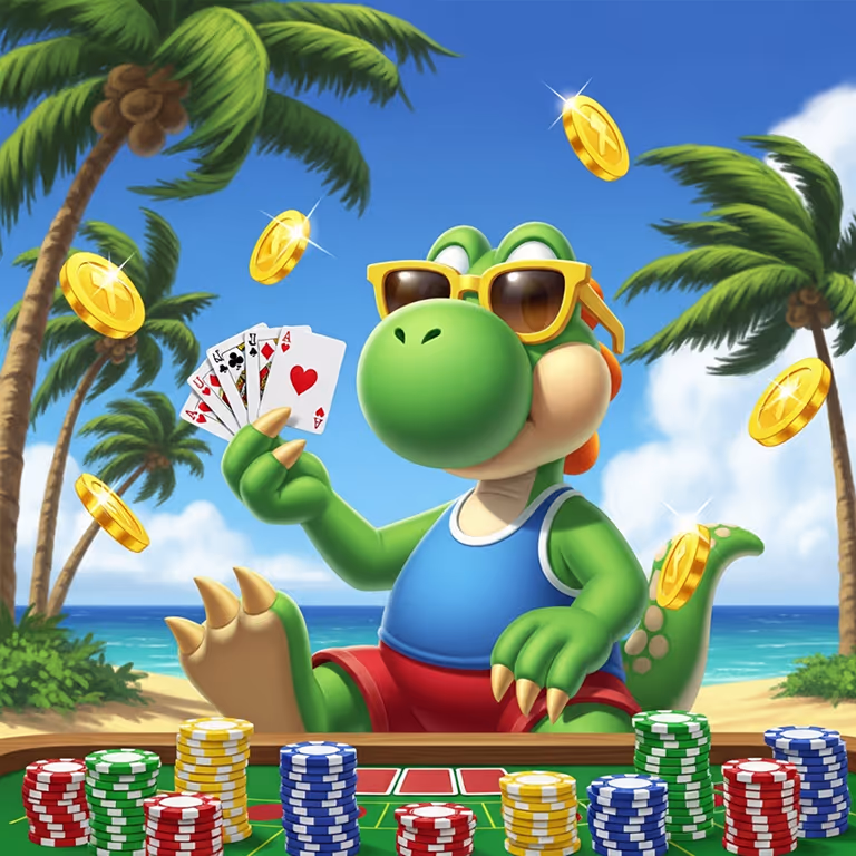 Rainbet Casino featuring a poker table stacked with chips and cards in a modern high-rise lounge overlooking the city skyline.